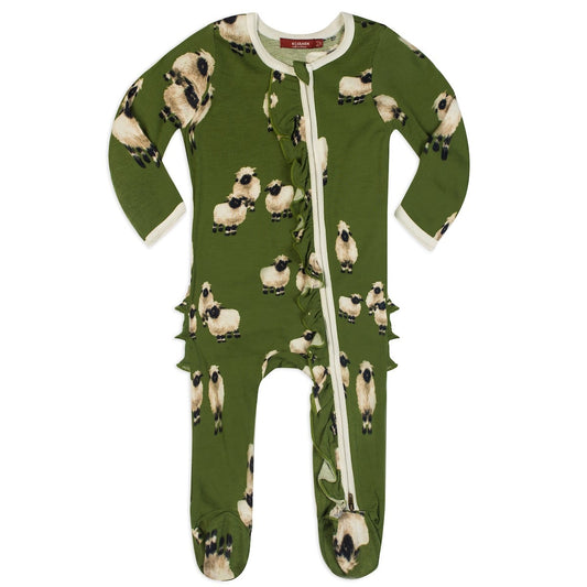 Valais Sheep Bamboo Ruffle Zipper Footed Romper