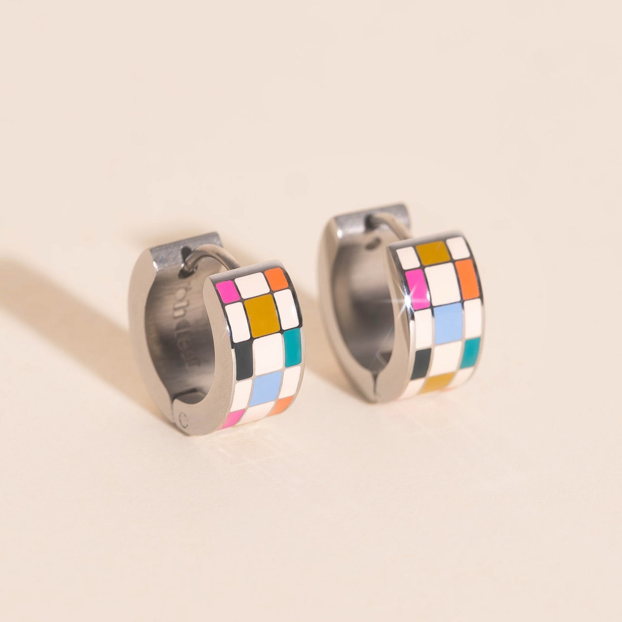 Bright Checkered Super Chunky Huggie Hoop Earrings